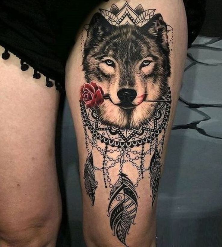  Tatouage De Loup, Rose Et Attrape Rêve Mandala 