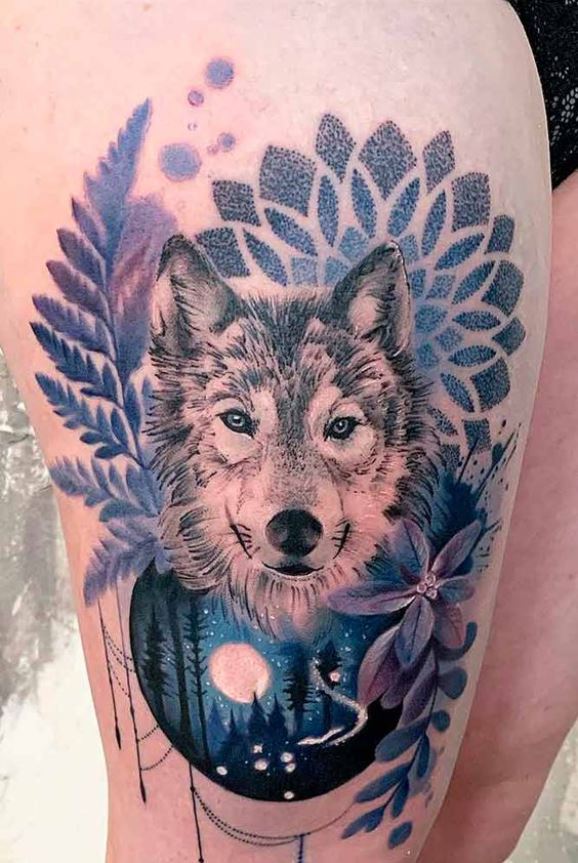 Tatouage De Loup Et Mandala Floral