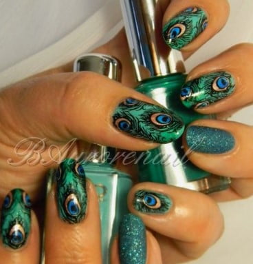 nail Art Bleu Plume De Paon