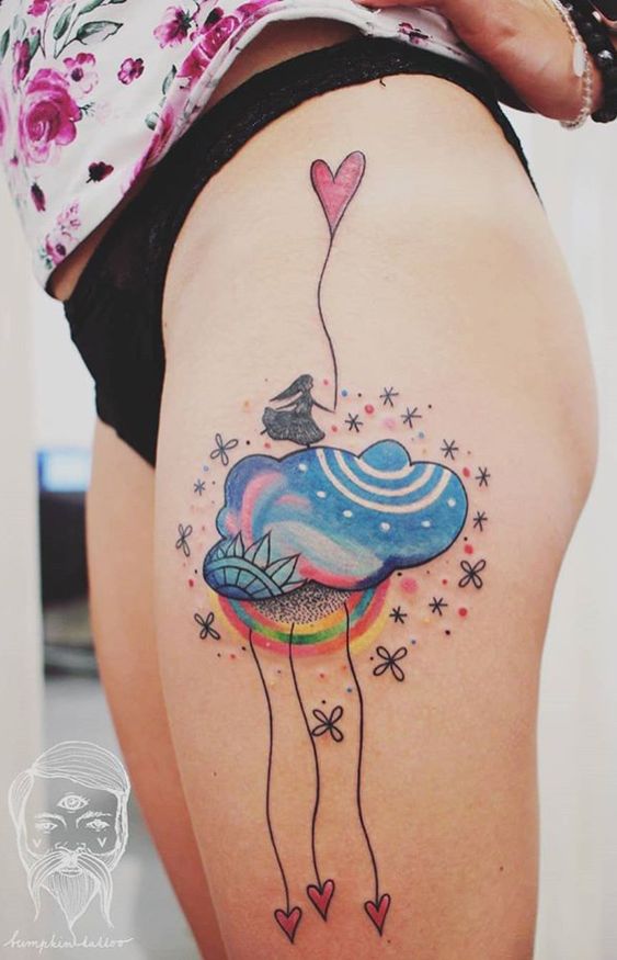 tatouage graphique Nuage & Fille sur la cuisse femme