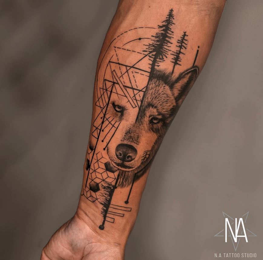 Tatouage De Loup Géométrique Et Arbres