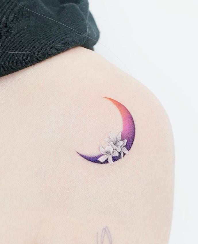 Tatouage Lune Florale Couleur