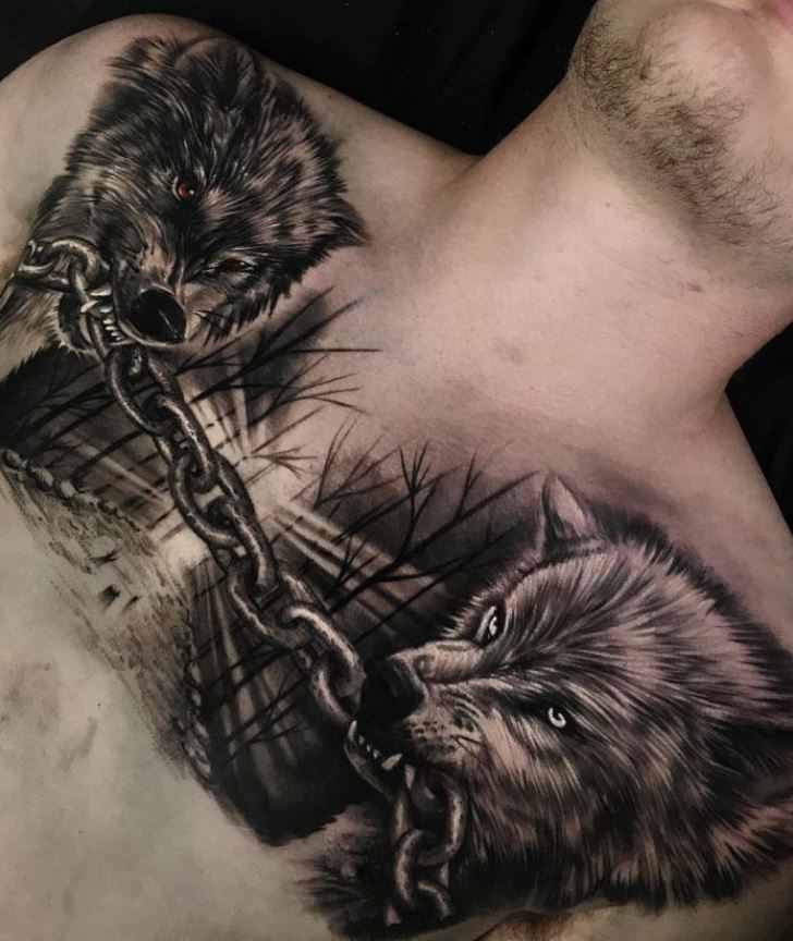 Tatouage De Duo De Loup Avec Chaîne