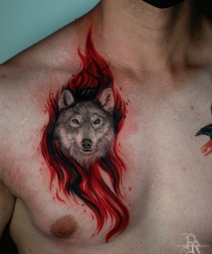 Tatouage De Loup Sur Flamme Rouge Et Noire