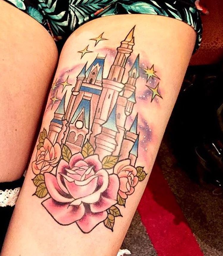 Tatouage Disney Château Et Trio De Rose 