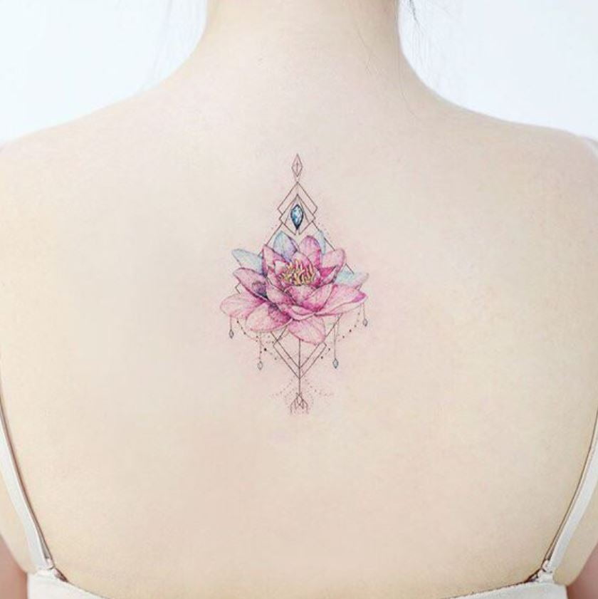Tatouage Fleur De Lotus Minimaliste Géométrique Multicolore 