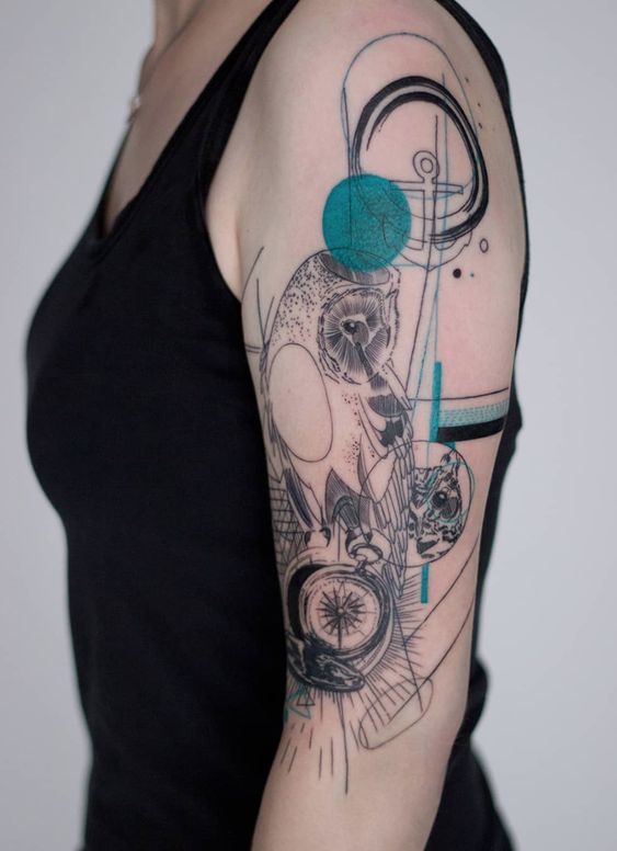 tatouage graphique Hibou Dot Work sur le bras femme