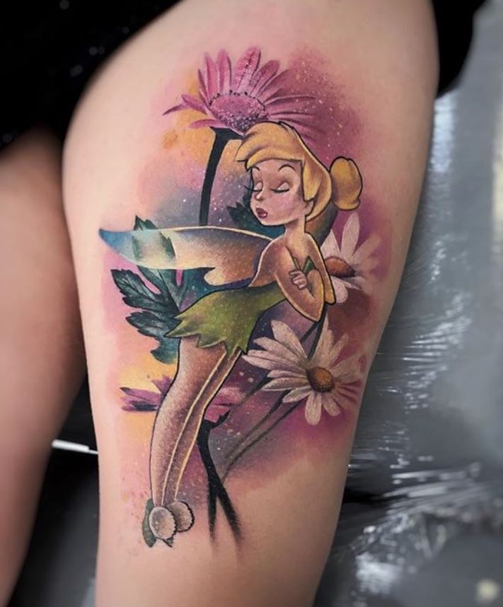 Tatouage Disney Fée Clochette Et Fleurs 