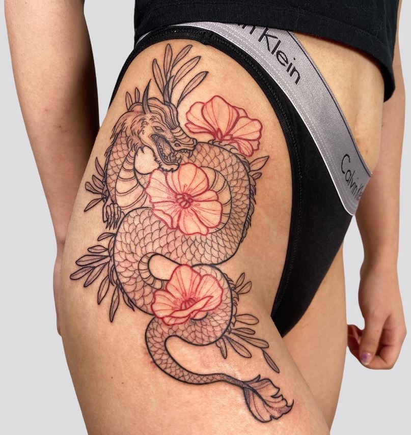 Tatouage De Dragon Et Fleurs De Cerisier Rouge 