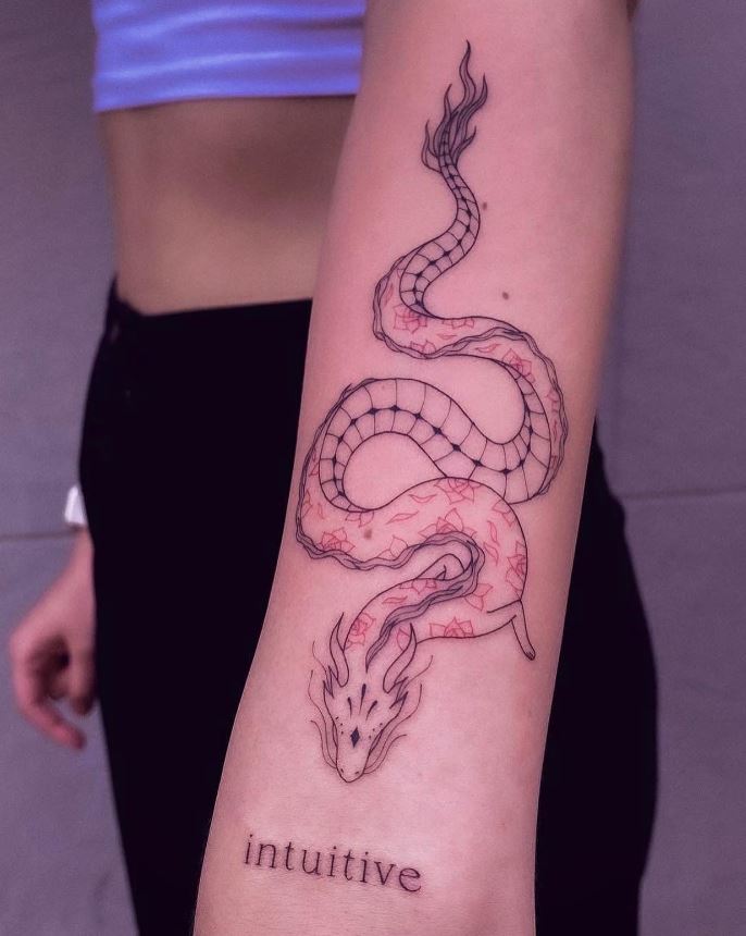 Tatouage De Dragon Et Mot Sur L'avant Bras 