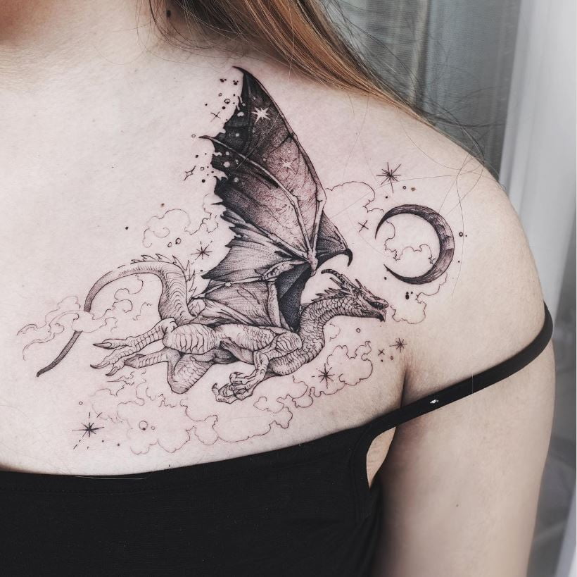  Tatouage De Dragon Et Ciel Nocturne Lumineux 