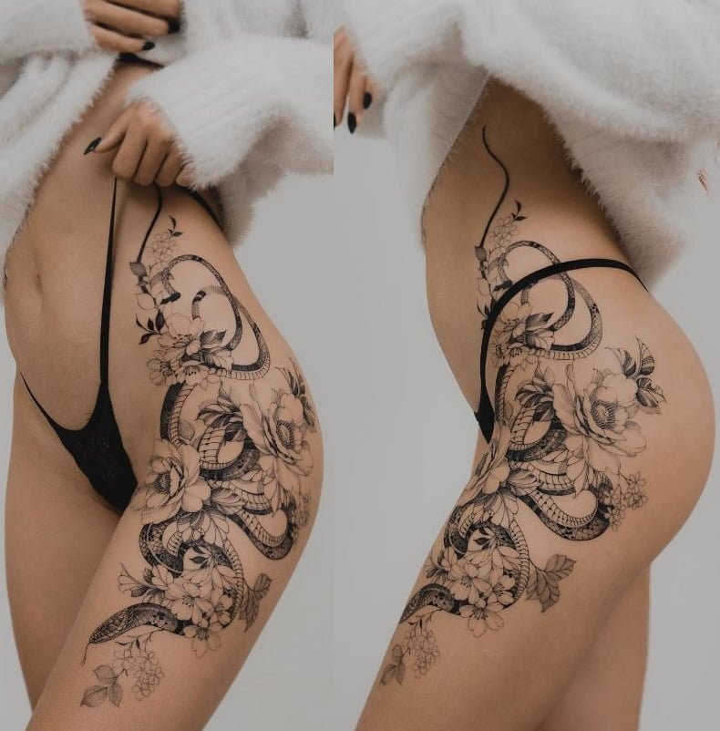 Tatouage De Serpent Et Fleurs Sur La Hanche Et La Cuisse 