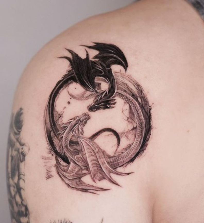 Tatouage Duo De Dragon Bicolore En Cercle 