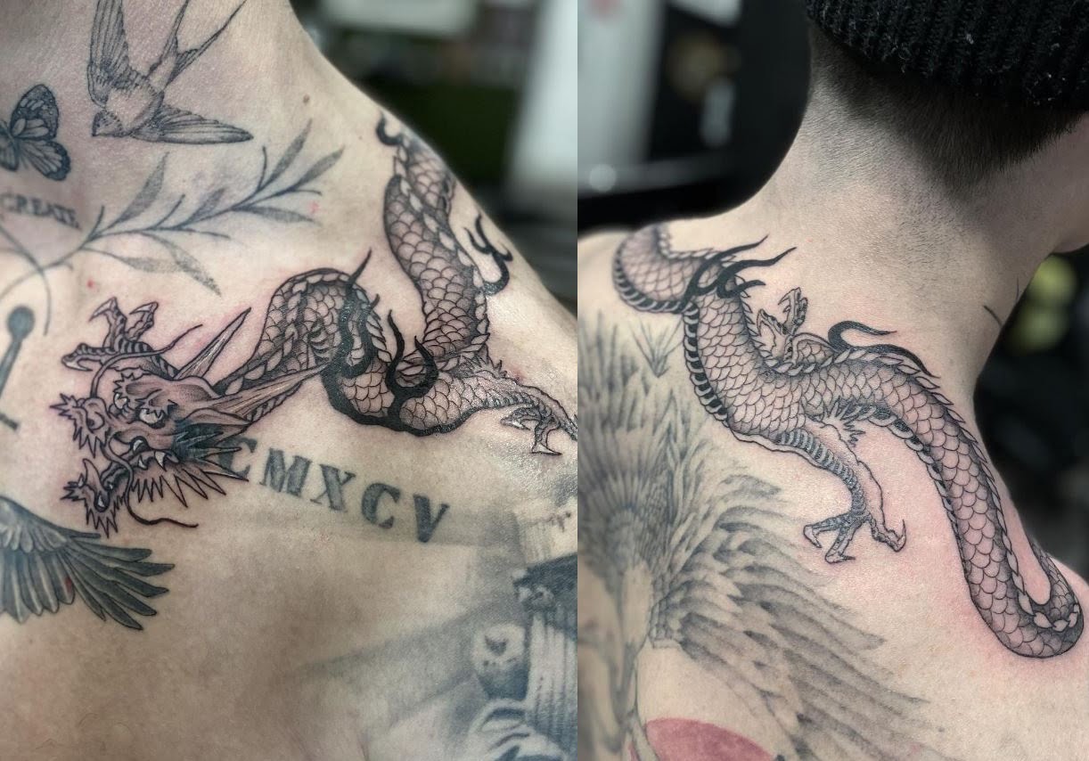 Tatouage De Dragon Sur La Clavicule Et La Nuque 