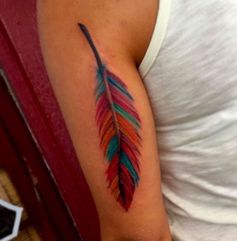 Tatouage Plume Femme Couleurs Vives Sur Le Bras 