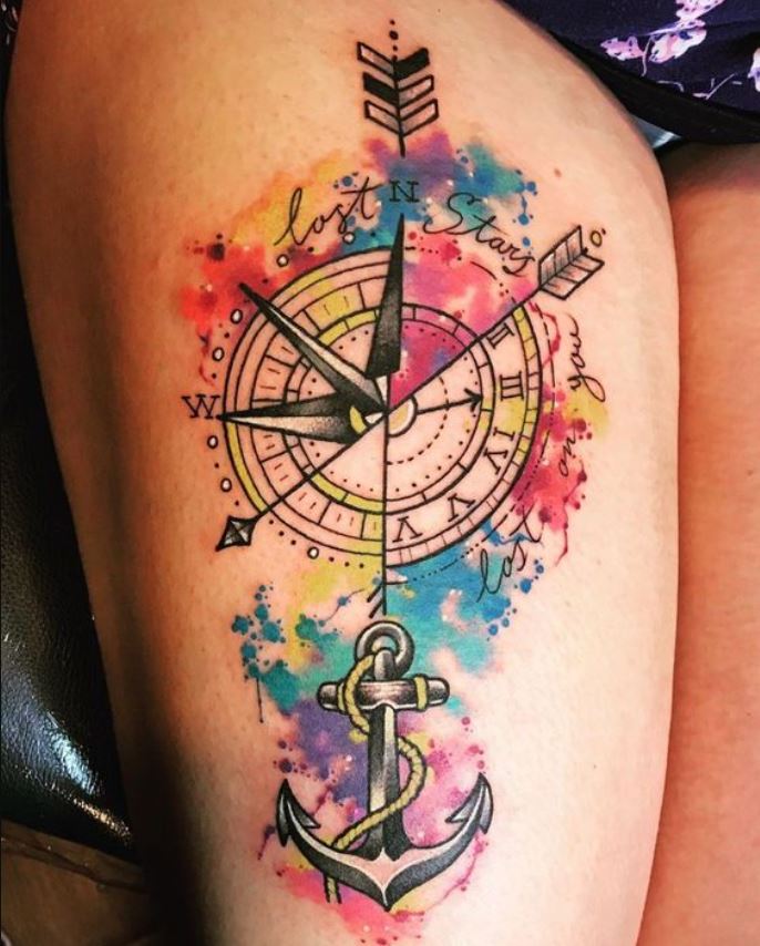 Tatouage Boussole Et Ancre Multicolore Femme 