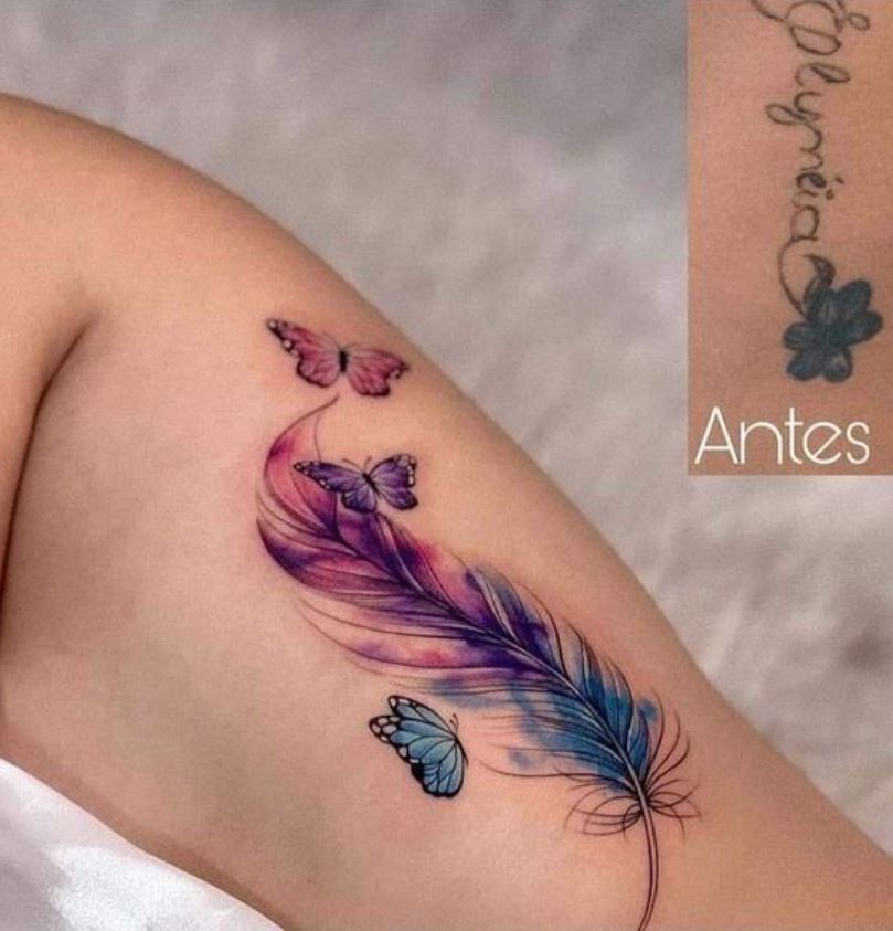 Tatouage Plume Femme Et Trio De Papillon Sur Le Bras 