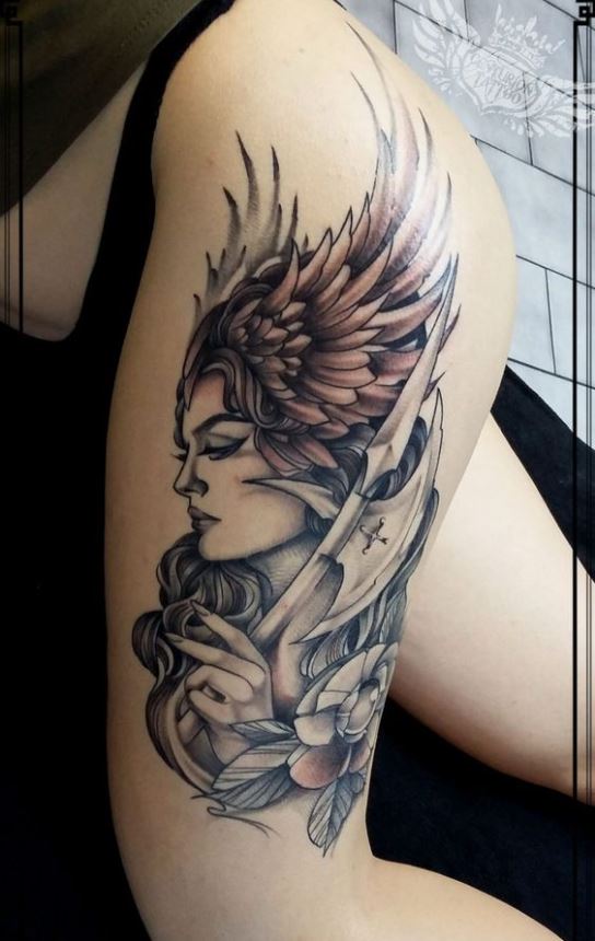 Tatouage Viking Valkyrie Sur La Cuisse 