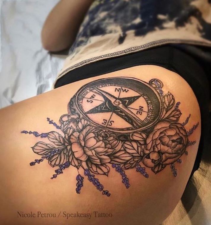 Tatouage Boussole Femme Pivoine Et Lavande