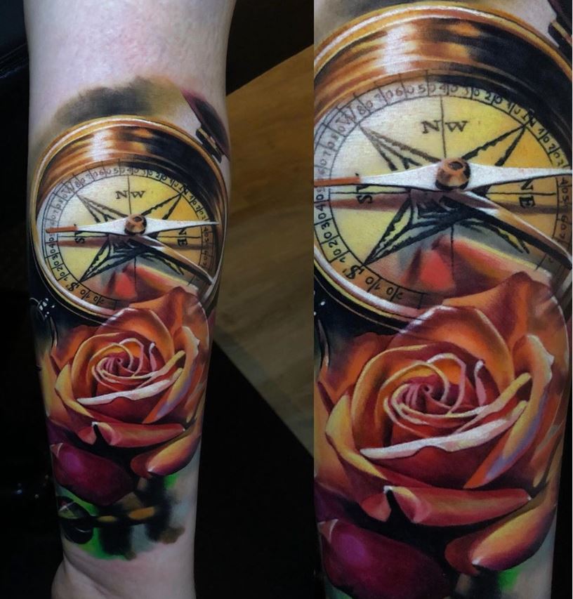 Tatouage Boussole Et Rose 3d Femme 