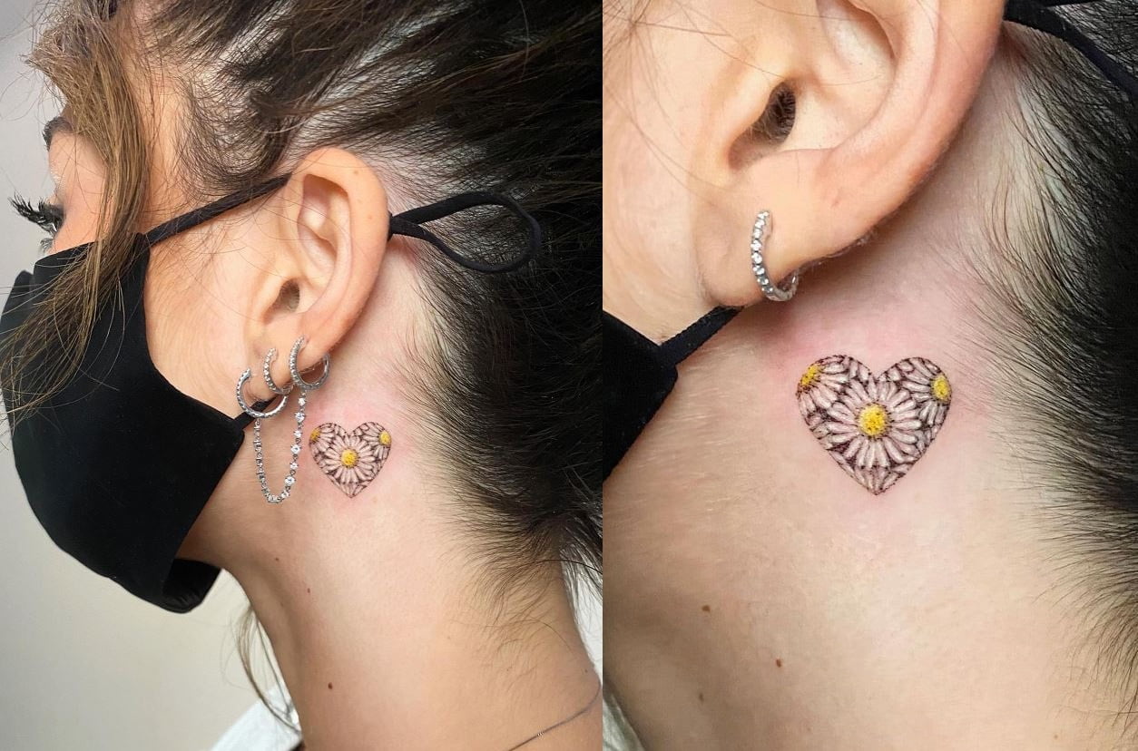 Tatouage Coeur En Fleur De Marguerite Sur La Nuque 