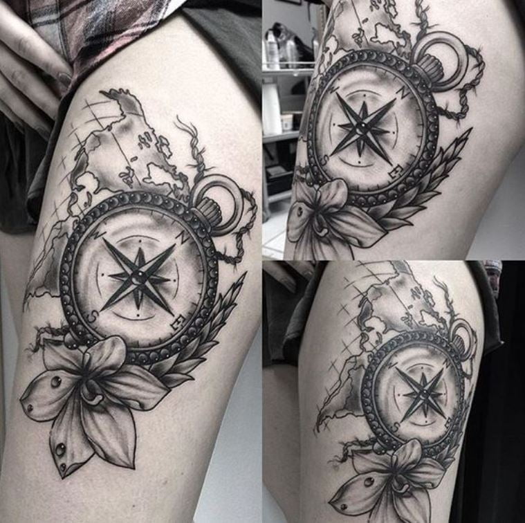 Tatouage Boussole Florale Et Carte Du Monde Femme