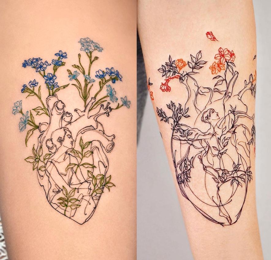 Tatouage Coeur Et Fleurs En Couleur