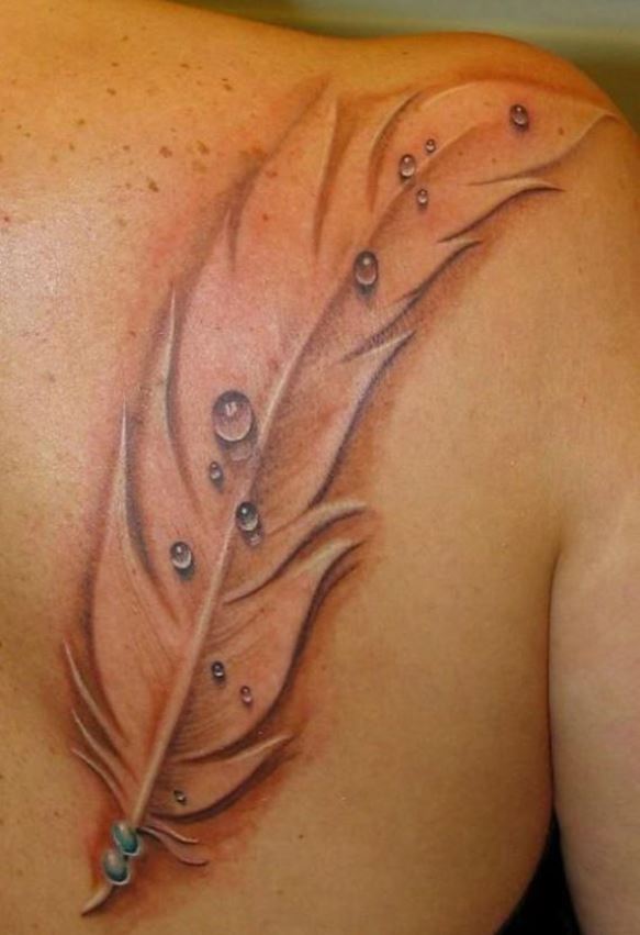  Tatouage Plume Et Bulles D'eau Pour Femme Sur Le Dos 