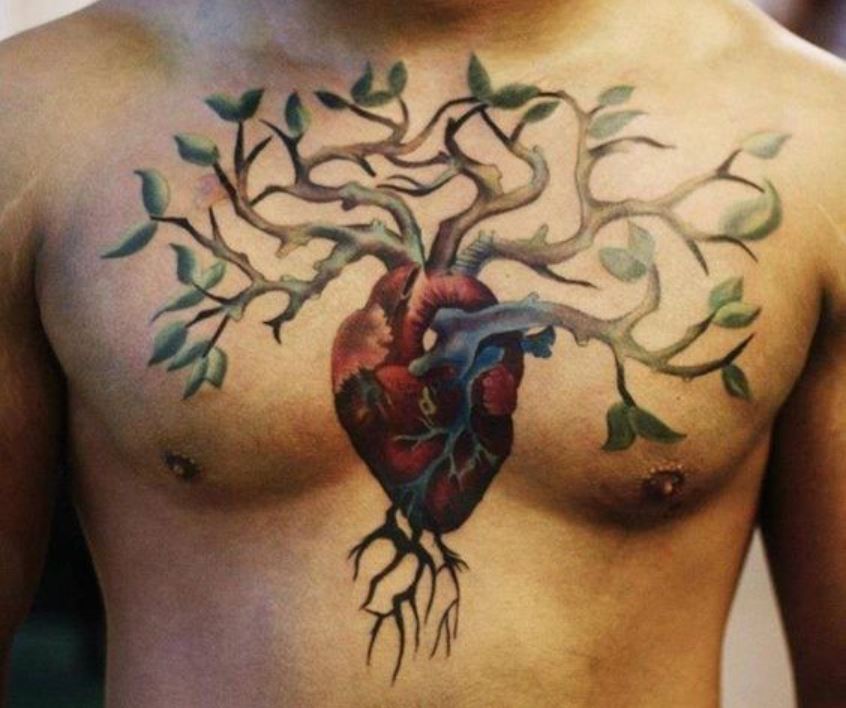 Tatouage Arbre De Vie Couleur Et Coeur Sur La Poitrine