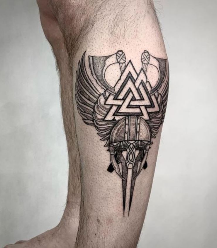 Tatouage Viking Valknut Et Valkyrie Sur La Jambe 