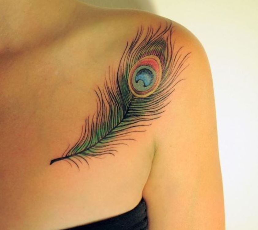 Tatouage Plume De Paon Femme Sur L'épaule 