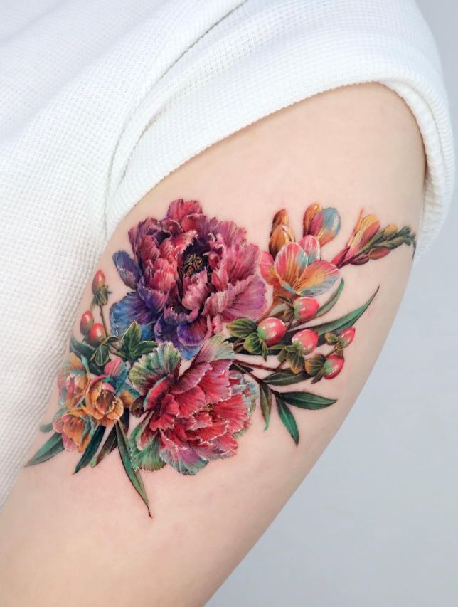 Tatouage Pivoines Et Freesias 