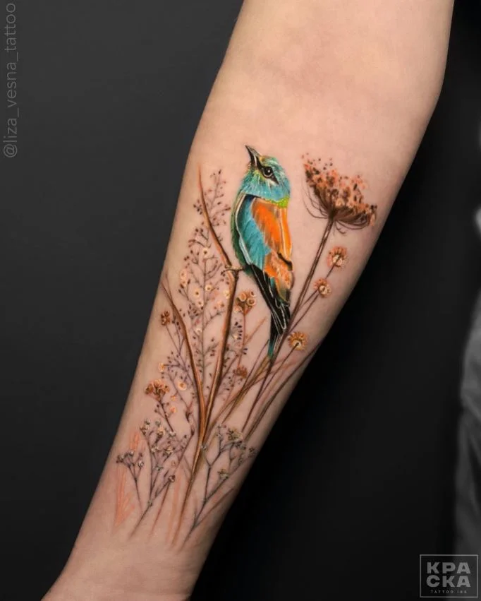Tatouage Oiseau 3d Et Fleurs