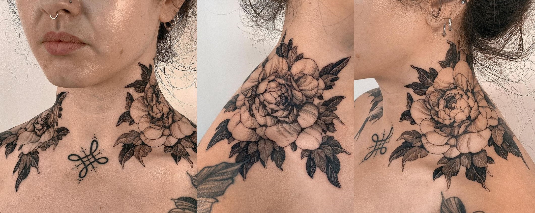 Tatouage Duo De Pivoine Sur Le Cou 