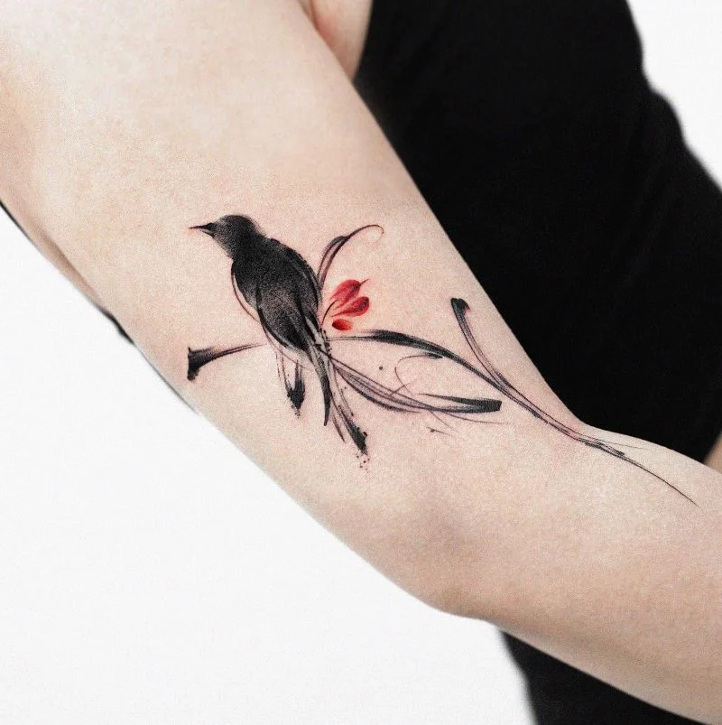 Tatouage Abstrait D'oiseau Et Fleurs Pour Femme