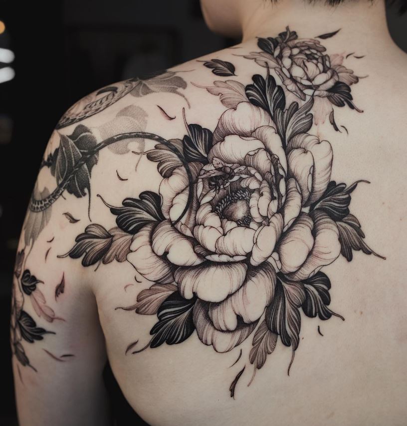 Tatouage Pivoine Et Abeille Sur L'omoplate 