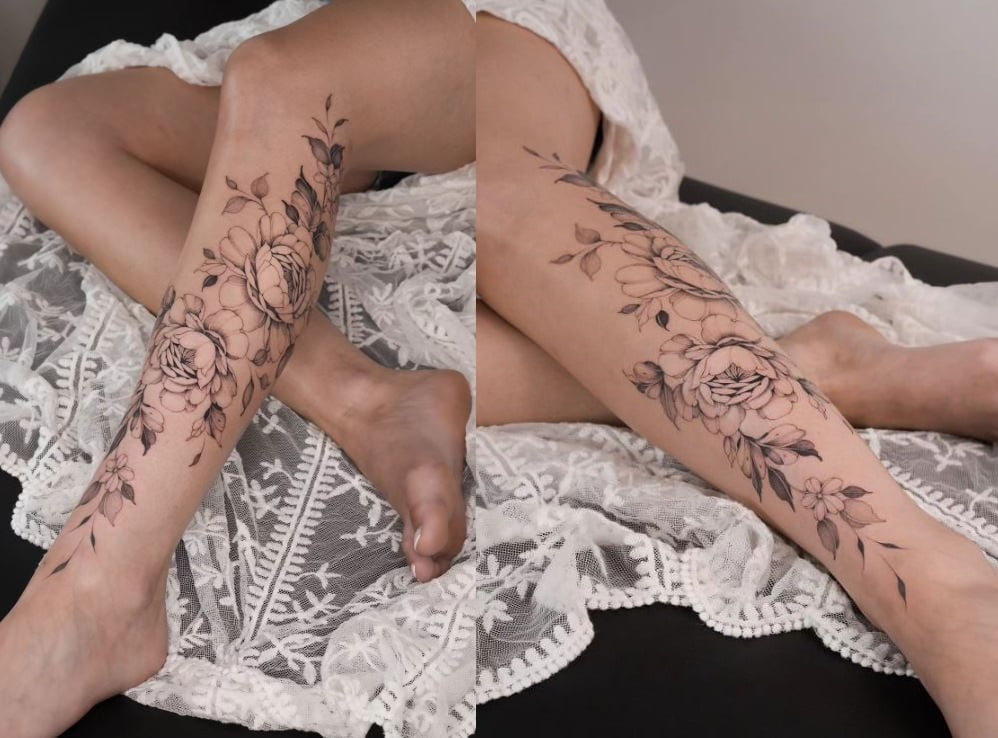 Tatouage Pivoines De La Jambe Au Pied 