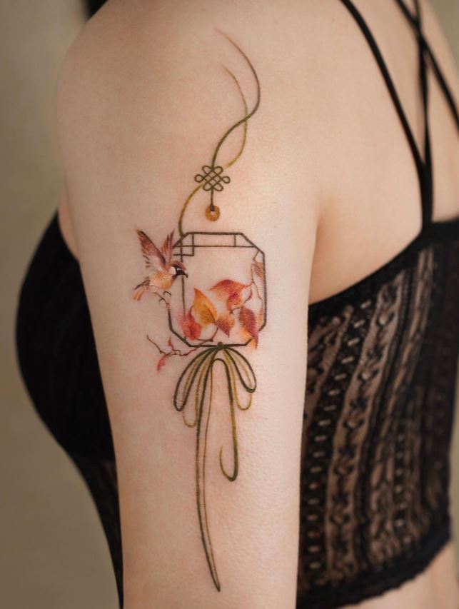 Tatouage Oiseau Femme Moineau Et Norigae 