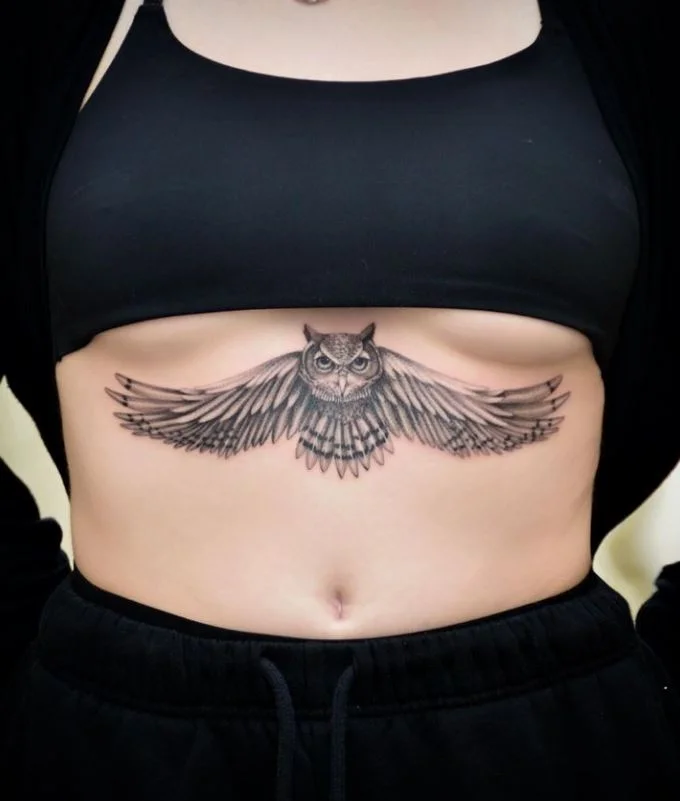 Tatouage Oiseau Femme Hibou Sous La Poitrine
