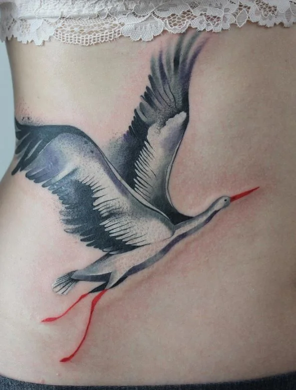 Tatouage Oiseau Femme Cigogne Blanche Sur Le Ventre