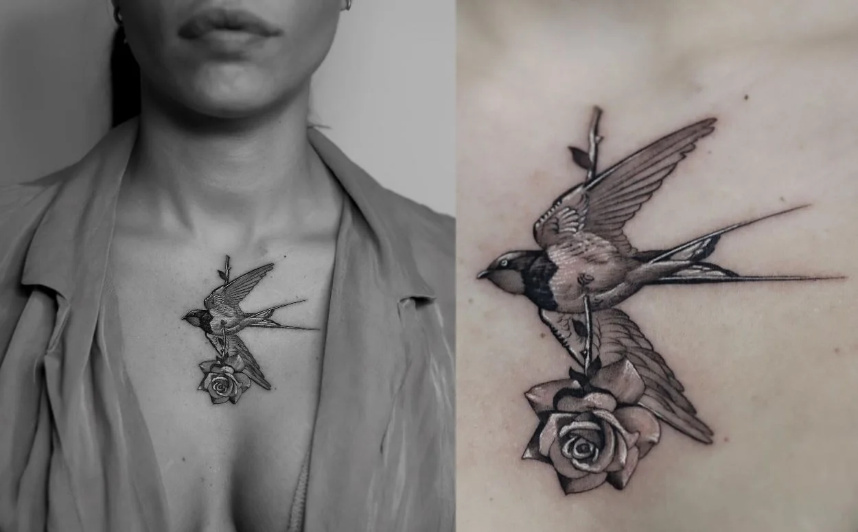 Tatouage Oiseau Femme Et Rose Inversée Sur Le Sternum 