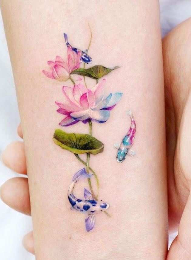 Tatouage Duo De Fleur De Lotus Et Trio De Koï