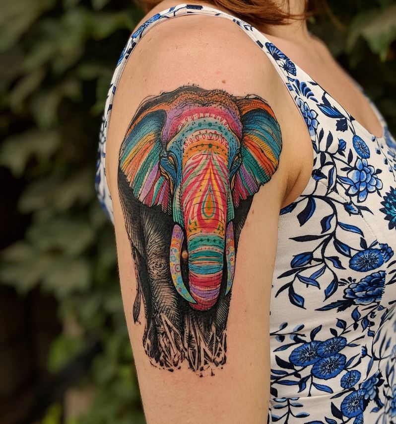 Tatouage éléphant Gris à Tête Multicolore 