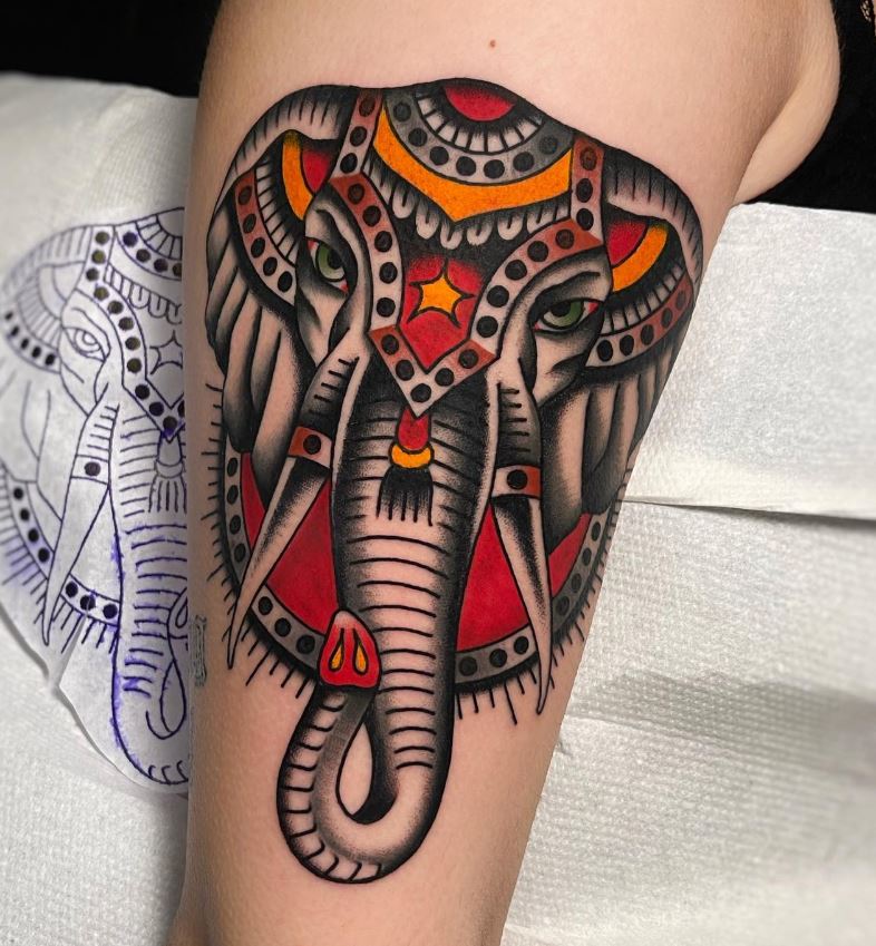 Tatouage Tête D'éléphant Traditionnel 