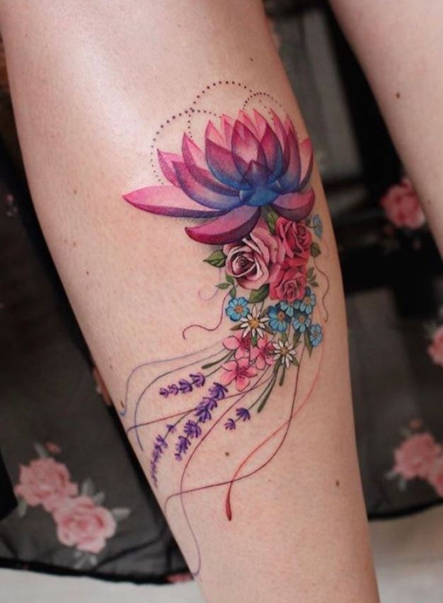 Tatouage Fleur De Lotus Et Bouquet Floral 