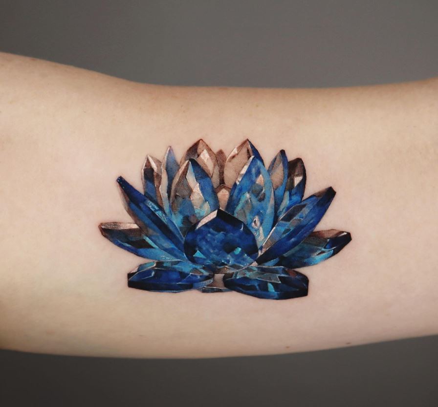 Tatouage Fleur De Lotus En Cristal Bleu Et Gris 