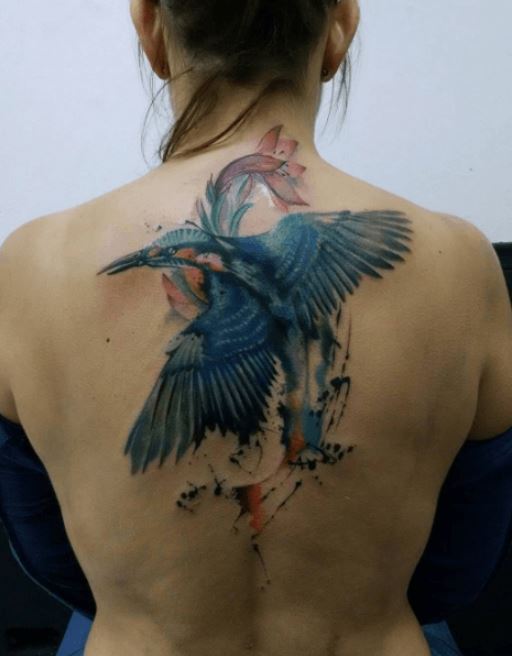  Tatouage Aquarelle Oiseau Bleu Sur Le Dos 