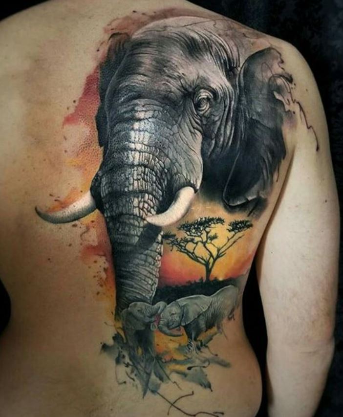 Tatouage Famille D'éléphants Et Paysage 