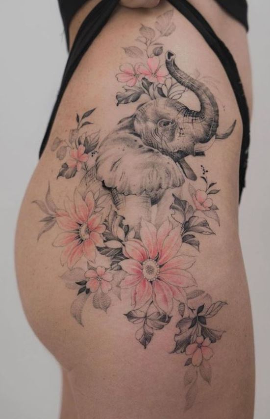  Tatouage éléphant Floral Sur La Hanche 