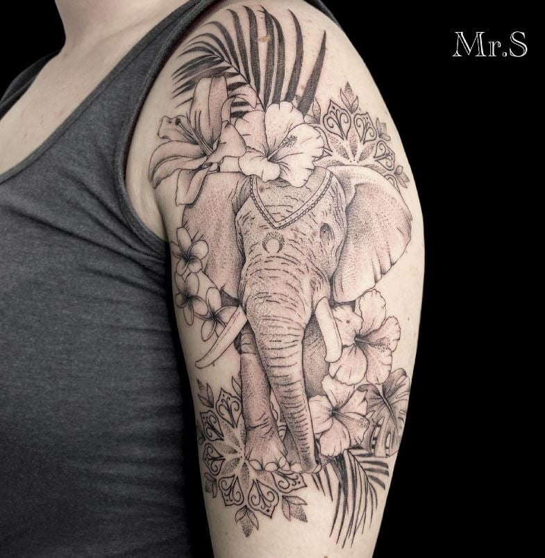 Tatouage éléphant Floral Multi Motifs 